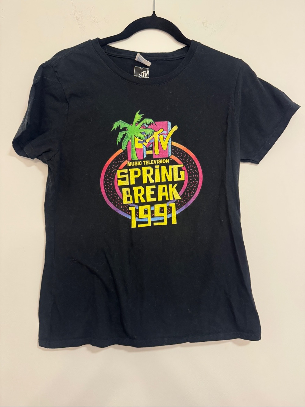 MTV Black Short Sleeve Tee with Neon Palm Spring Break 1991 Graphic